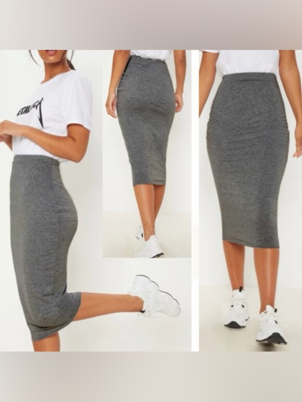 Leith Gray High-Waist Midi Pencil Skirt